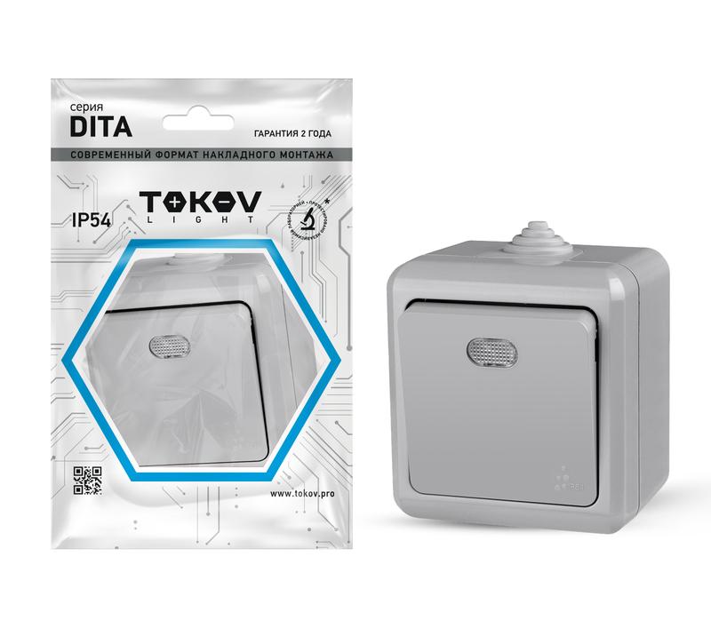 Выключатель 1-кл. ОП Dita IP54 10А 250В с индикацией сер. TKL-DT-V1I-C06-IP54 - TOKOV ELECTRIC