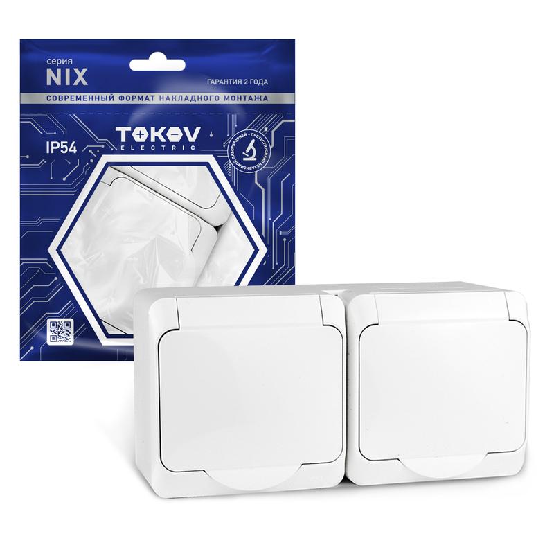 Розетка 2-м ОП Nix 16А IP54 250В с заземл. с крышкой бел. TKE-NX-R2Z-C01-IP54 - TOKOV ELECTRIC