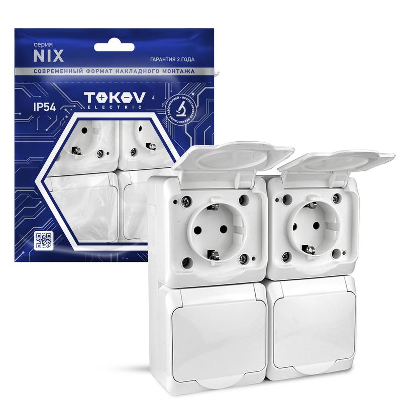 Розетка 4-м ОП Nix 16А IP54 250В с заземл. с крышкой бел. TKE-NX-R4Z-C01-IP54 - TOKOV ELECTRIC