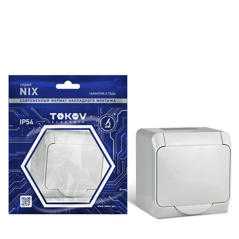 Розетка 1-м ОП Nix 16А IP54 250В с заземл. с крышкой сер. TKE-NX-R1Z-C06-IP54 - TOKOV ELECTRIC
