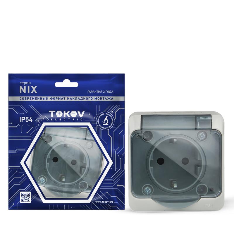 Розетка 1-м ОП Nix 16А IP54 250В с заземл. с прозр. крышкой сер. TKE-NX-R1Z-C06T-IP54 - TOKOV ELECTRIC