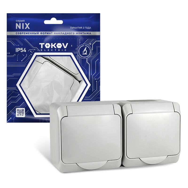 Розетка 2-м ОП Nix 16А IP54 250В с заземл. с крышкой сер. TKE-NX-R2Z-C06-IP54 - TOKOV ELECTRIC