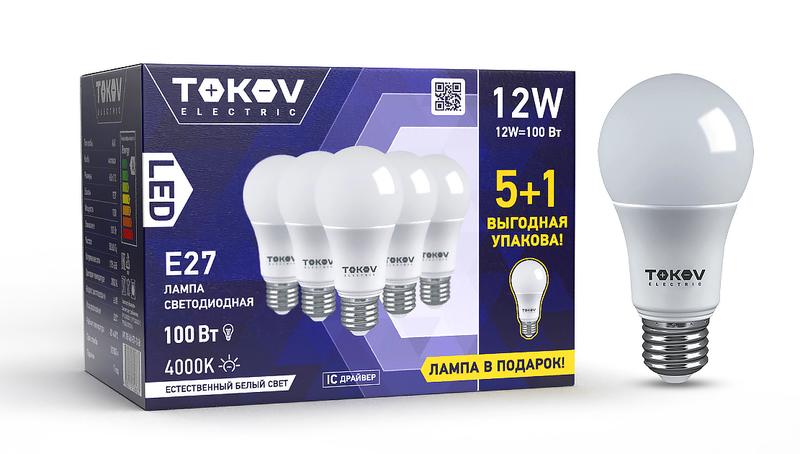 Набор лампа светодиодная 12Вт А60 4000К Е27 176-264В (Promo 5+1 шт) Promo-A60-E27-12-4K - TOKOV ELECTRIC