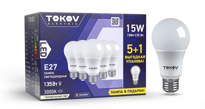 Набор лампа светодиодная 15Вт А60 3000К Е27 176-264В (Promo 5+1 шт) Promo-A60-E27-15-3K - TOKOV ELECTRIC