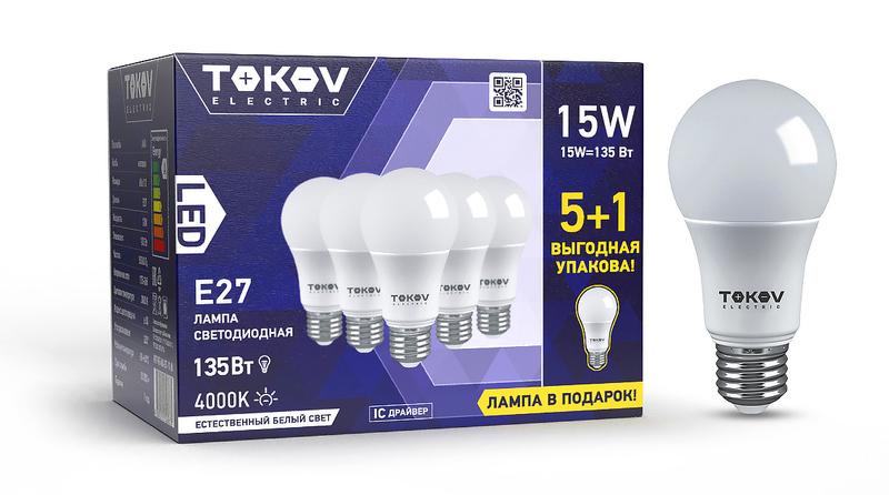 Набор лампа светодиодная 15Вт А60 4000К Е27 176-264В (Promo 5+1 шт) Promo-A60-E27-15-4K - TOKOV ELECTRIC
