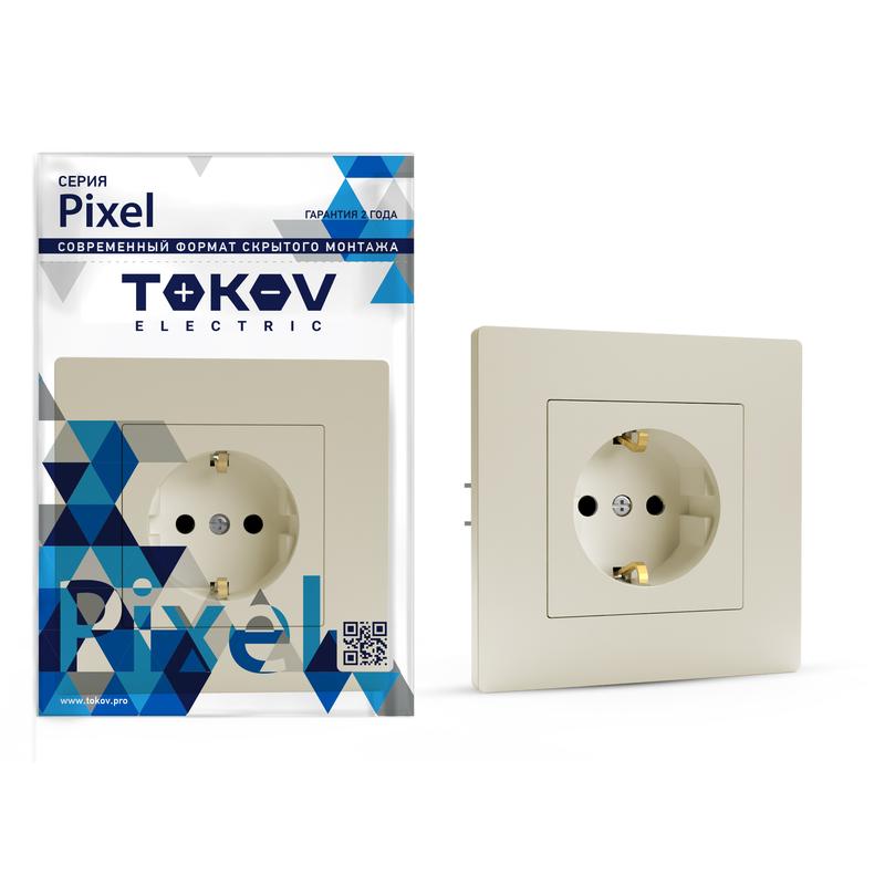 Розетка 1-м СП Pixel 16А IP20 с заземл. защ. шторки в сборе беж. TKE-PX-R1FZSF-C02 - TOKOV ELECTRIC