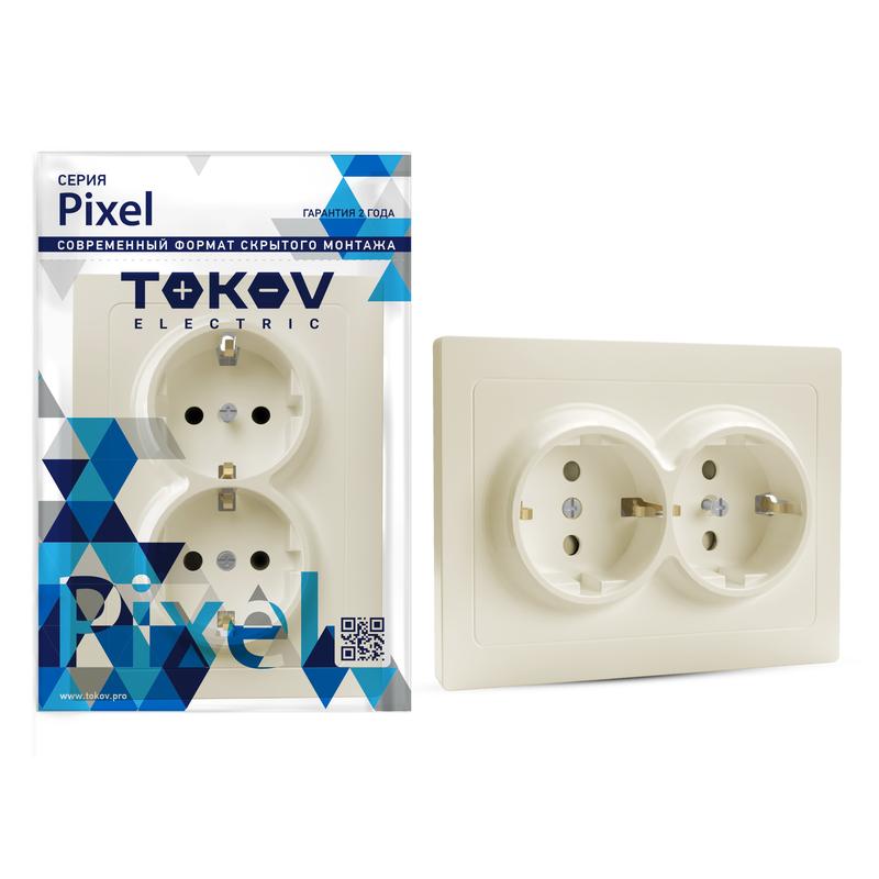 Розетка 2-м СП Pixel 16А IP20 с заземл. защ. шторки в сборе беж. TKE-PX-R2FZSF-C02 - TOKOV ELECTRIC