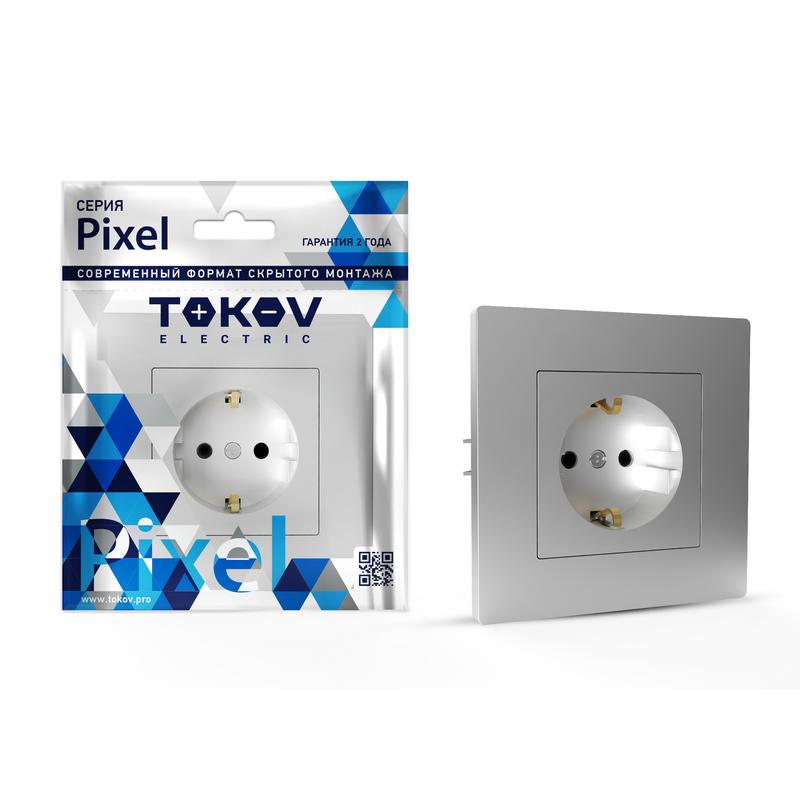Розетка 1-м СП Pixel 16А IP20 с заземл. защ. шторки в сборе алюм. TKE-PX-R1FZSF-C03 - TOKOV ELECTRIC