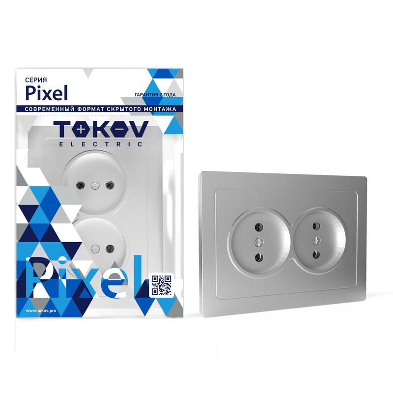 Розетка 2-м СП Pixel 16А IP20 без заземл. в сборе алюм. TKE-PX-R2F-C03 - TOKOV ELECTRIC
