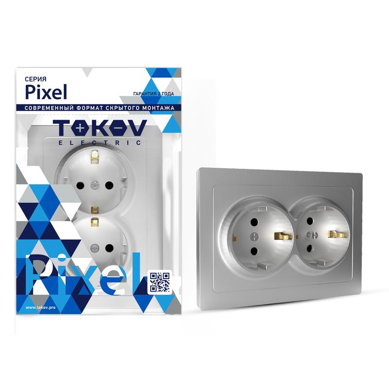 Розетка 2-м СП Pixel 16А IP20 с заземл. защ. шторки в сборе алюм. TKE-PX-R2FZSF-C03 - TOKOV ELECTRIC