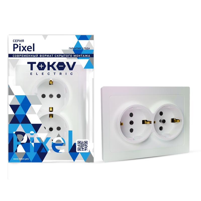Розетка 2-м СП Pixel 16А IP20 с заземл. защ. шторки в сборе перламутр. TKE-PX-R2FZSF-C04 - TOKOV ELECTRIC
