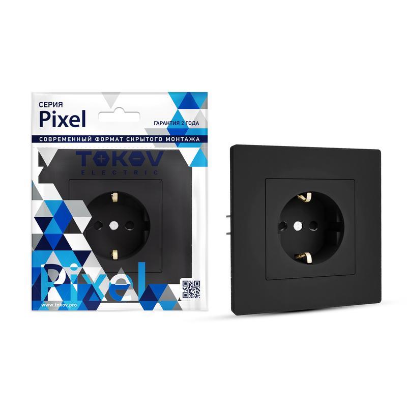 Розетка 1-м СП Pixel 16А IP20 с заземл. защ. шторки в сборе карбон TKE-PX-R1FZSF-C14 - TOKOV ELECTRIC