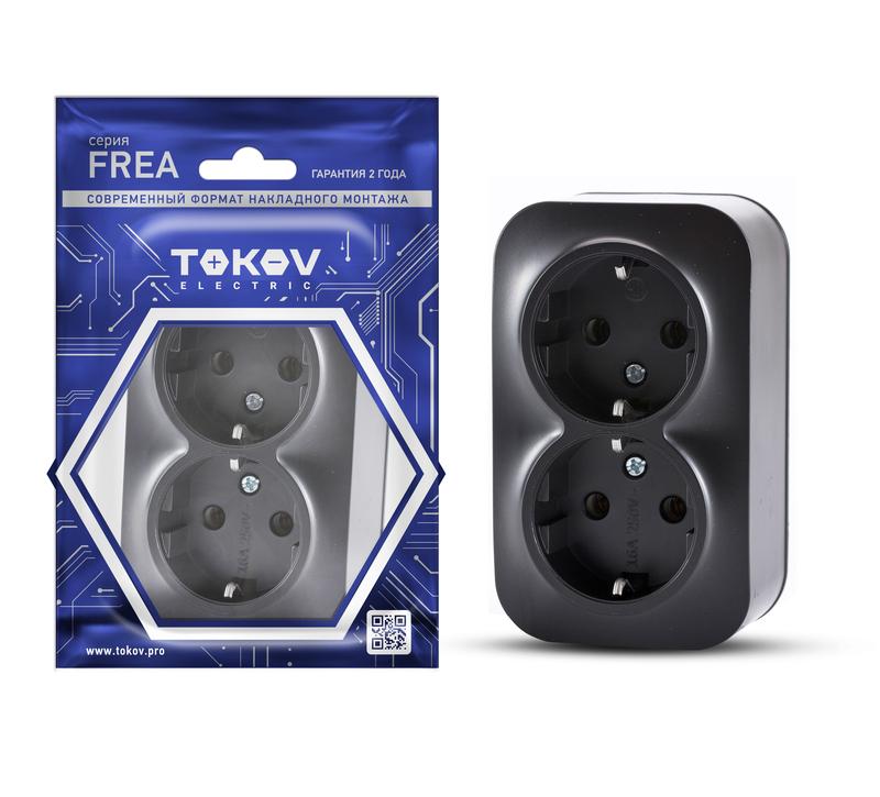Розетка 2-м ОП Frea 16А IP20 250В с заземл. АБС-пластик карбон TKE-FR-R2Z-C14 - TOKOV ELECTRIC