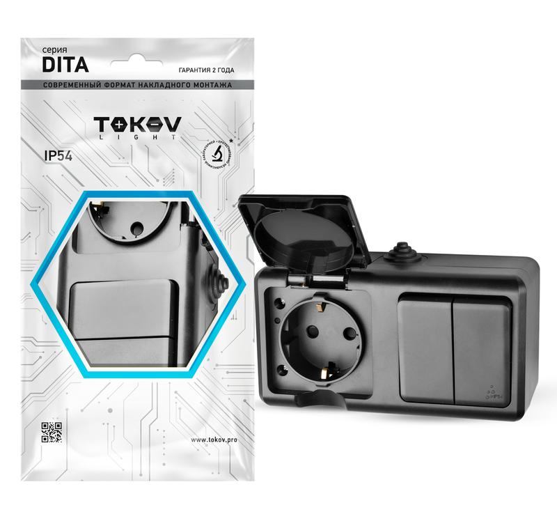 Блок ОП Dita (розетка 16А 250В с заземл. + 2-кл. выкл. 10А) IP54 карбон TKL-DT-V2RZ-C14-IP54 - TOKOV ELECTRIC