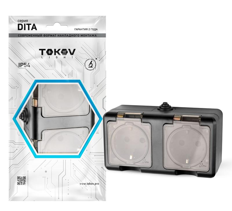 Розетка 2-м ОП Dita 16А IP54 250В с заземл. с прозр. крышкой карбон TKL-DT-R2Z-C14T-IP54 - TOKOV ELECTRIC