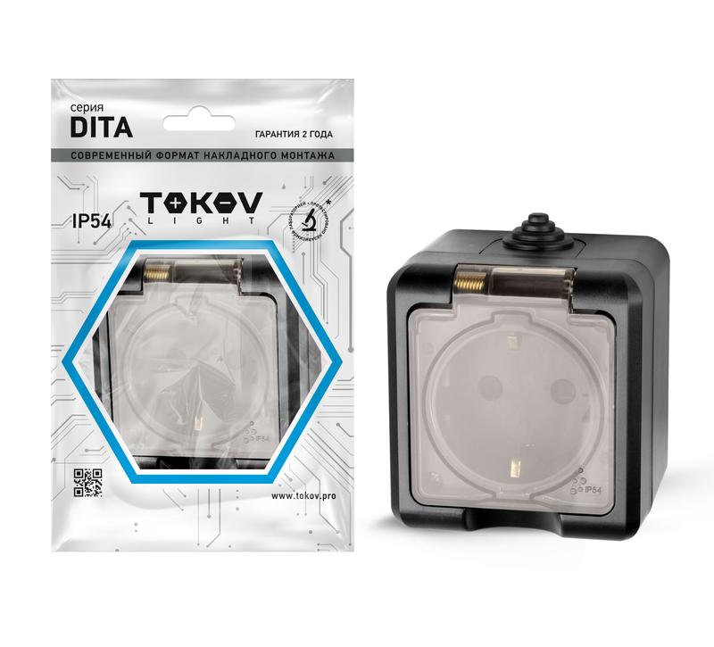 Розетка 1-м ОП Dita 16А IP54 250В с заземл. с прозр. крышкой карбон TKL-DT-R1Z-C14T-IP54 - TOKOV ELECTRIC