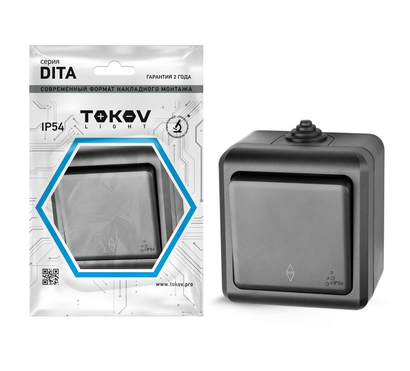 Переключатель 1-кл. ОП Dita IP54 10А 250В карбон TKL-DT-P1-C14-IP54 - TOKOV ELECTRIC