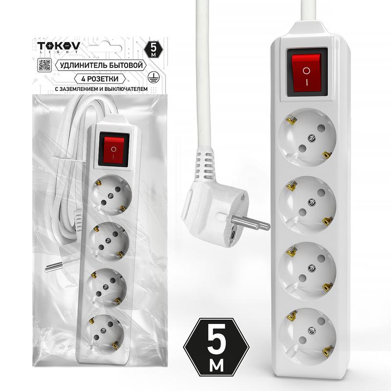 Удлинитель 4х5м с заземл. с выкл. 10А 3х1.5 TOKOV LIGHT TKL-C01-BU4-5-1.5-ZV - TOKOV ELECTRIC