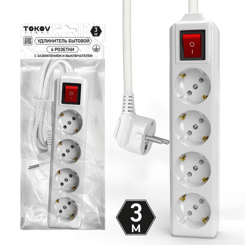 Удлинитель 4х3м с заземл. с выкл. 10А 3х1.5 TOKOV LIGHT TKL-C01-BU4-3-1.5-ZV - TOKOV ELECTRIC