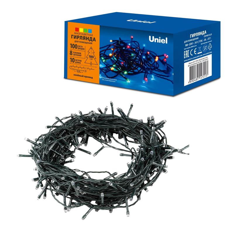 Гирлянда светодиодная ULD-S1000-100/DGA MULTI IP20 10м 100 LED разноцвет. свет провод зел. Uniel UL-00008405 - Uniel