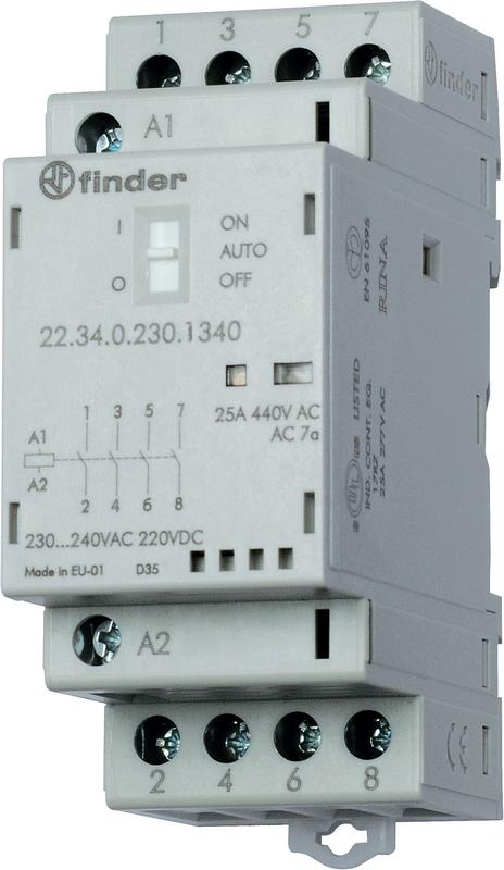 Контактор модульный 2NO + 2NC 25А AgSnO2 230В AC/DC 35мм IP20 опции: мех. индикатор + LED 223402304620 - FINDER