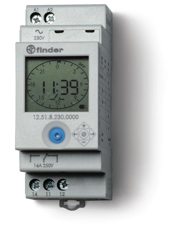Реле времени цифровое суточное/недельное 16А 110…230В AC/DC 1CO 35мм IP20 монтаж на рейку 35мм 125182300000 - FINDER