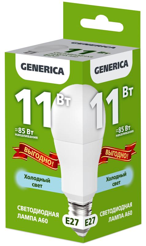 Лампа светодиодная A60 11Вт грушевидная 6500К E27 230В LL-A60-11-230-65-E27-G - GENERICA