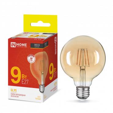 Лампа светодиодная LED-GL-95-deco gold 9Вт шар золотая 3000К тепл. бел. E27 1040лм 230В 4690612036465 - IN HOME