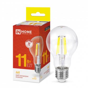 Лампа светодиодная LED-A60-deco 11Вт грушевидная прозрачная 3000К тепл. бел. E27 1160лм 230В 4690612026121 - IN HOME