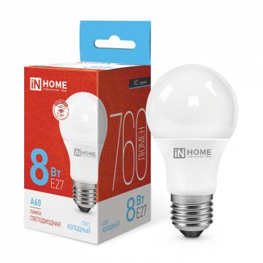 Лампа светодиодная LED-A60-VC 8Вт 230В Е27 6500К 720Лм 4690612024042 - IN HOME