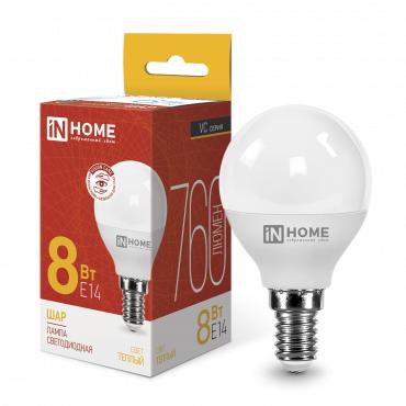 Лампа светодиодная LED-ШАР-VC 8Вт шар 3000К тепл. бел. E14 760лм 230В 4690612020549 - IN HOME