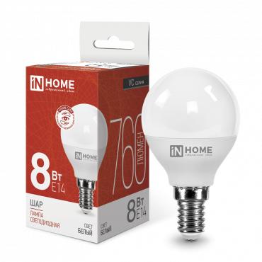Лампа светодиодная LED-ШАР-VC 8Вт шар 4000К нейтр. бел. E14 760лм 230В 4690612020556 - IN HOME