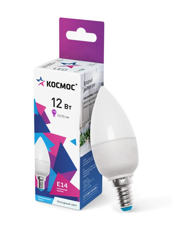 Лампа светодиодная 12Вт свеча 6500К холод. бел. E14 220В КОСМОС LkecLED12wCNE1465 - Космос