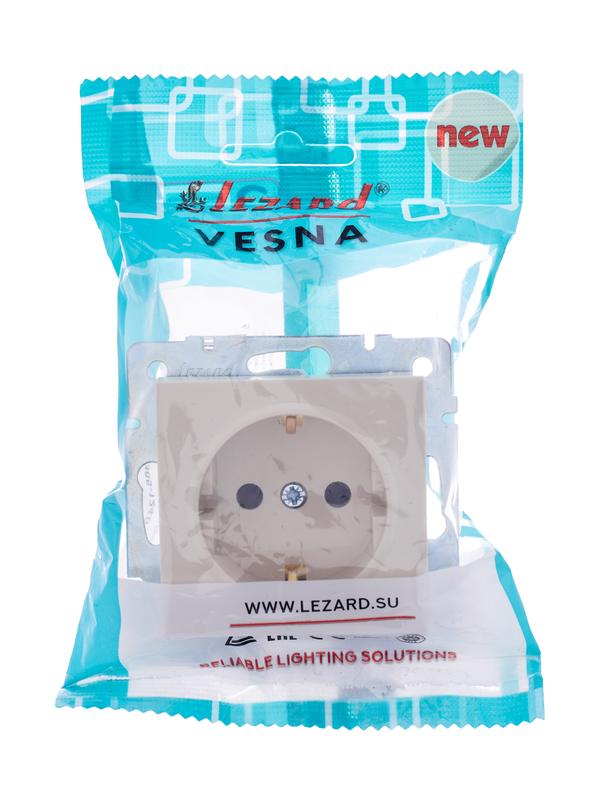 Розетка 1-м СП Vesna с заземл. защ. шторки ПБТ механизм крем. 742-0388-124B - Lezard