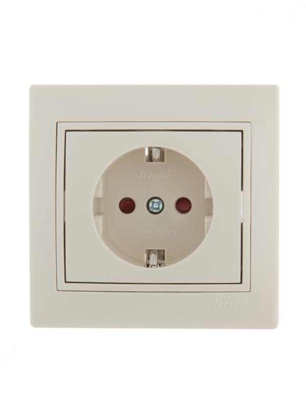 Розетка 1-м СП Mira 16А IP20 с заземл. защ. шторки со вставкой керамика крем. 701-0303-124 - Lezard