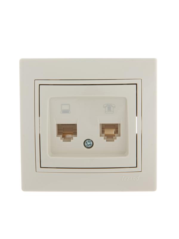 Розетка компьютерная + телефонная 2-м СП Mira RJ45 + RJ11 крем./крем.. 701-0303-143 - Lezard