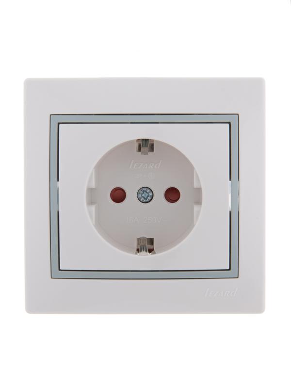 Розетка 1-м СП Mira 16А IP20 с заземл. защ. шторки с сер. вставкой керамика бел. 701-0215-124 - Lezard