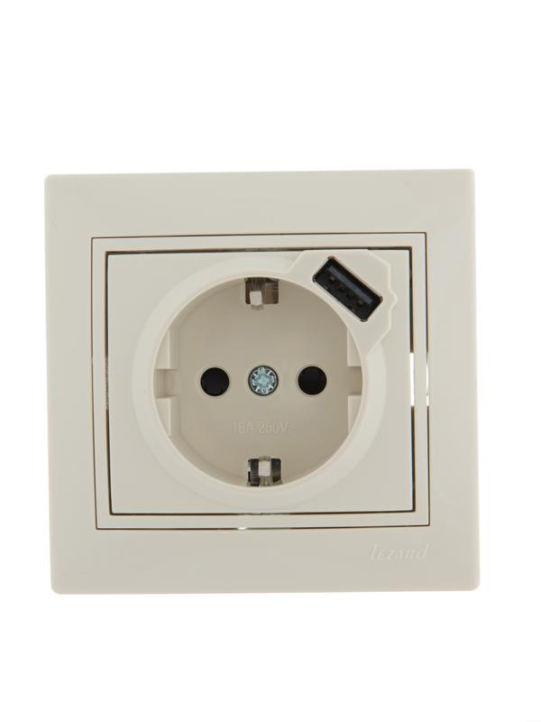 Розетка 1-м СП Mira 16А с заземл. + USB разъем крем. 701-0303-181 - Lezard