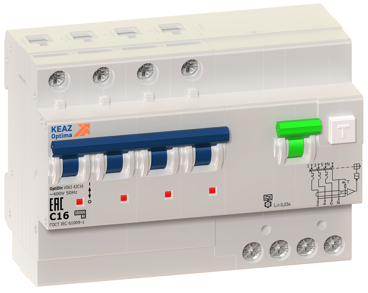 АВДТ с защитой от сверхтоков OptiDin VD63-42C32-A-УХЛ4 (4P, C32, 30mA) 10кА (1шт) 352553 - КЭАЗ
