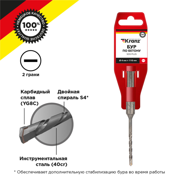 Бур по бетону 4x110x50 мм SDS PLUS KR-91-0028 - Kranz