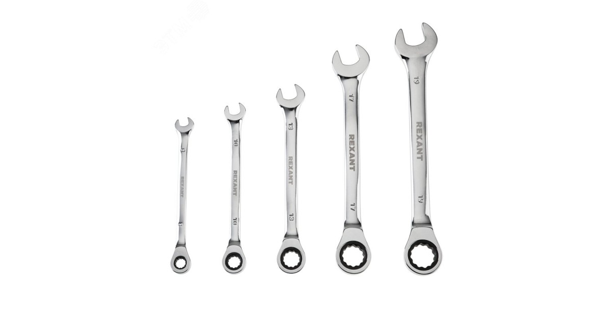 Купить Набор ключей комбинированных трещоточных (8, 10, 13, 17, 19мм), 5 шт, CrV, зеркальное хромирование 12-4841-1 Rexant оптом в Москве