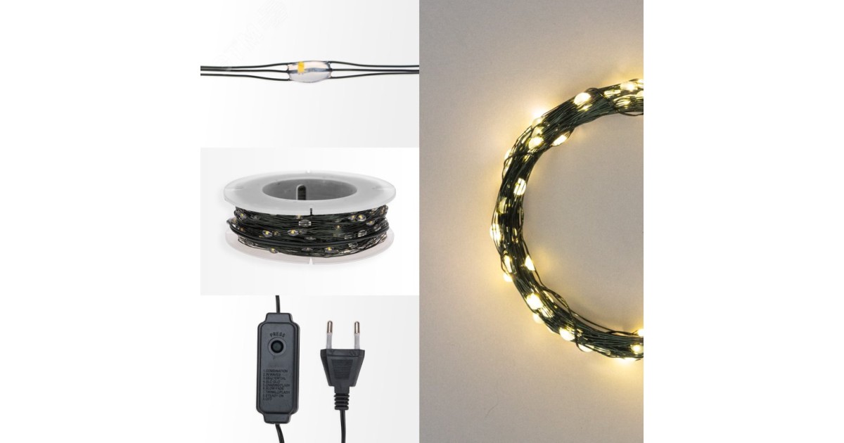 Купить Гирлянда "Роса" 30м 300LED тепл. бел. IP20 230В с контроллером провод зел. 303-276 NEON-NIGHT оптом в Москве