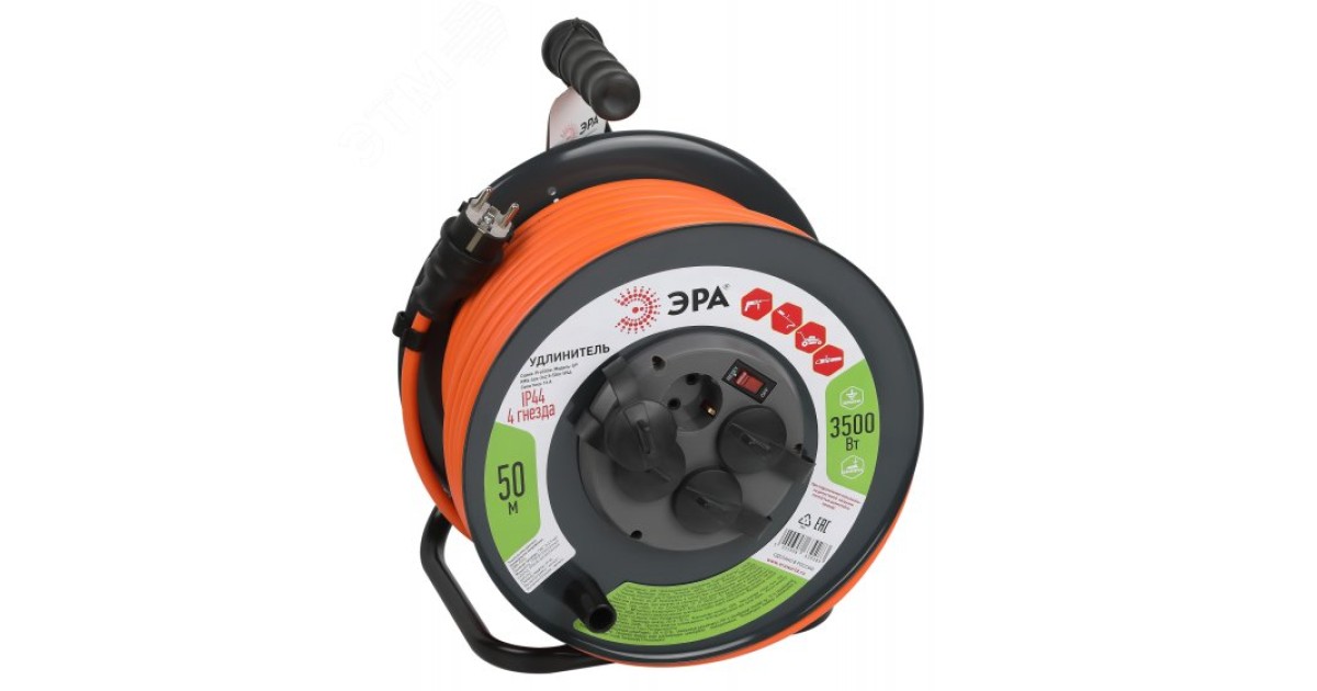 Купить Удлинитель силовой RMx-4es-3x2.5-50m-IP44 на метал. катушке с заземлением с выключателем 4 розетки 50м ПВС Б0052922 Эра оптом в Москве