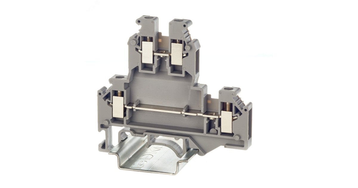 Купить Клемма двухуровневая, винтовой зажим, 4 точки подключения, 4 кв.мм, серая KRUKB-5 DKC оптом в Москве