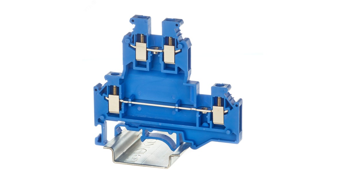 Купить Клемма двухуровневая, винтовой зажим, 4 точки подключения, 2.5 кв.мм, синяя KRUKB-3-BU DKC оптом в Москве