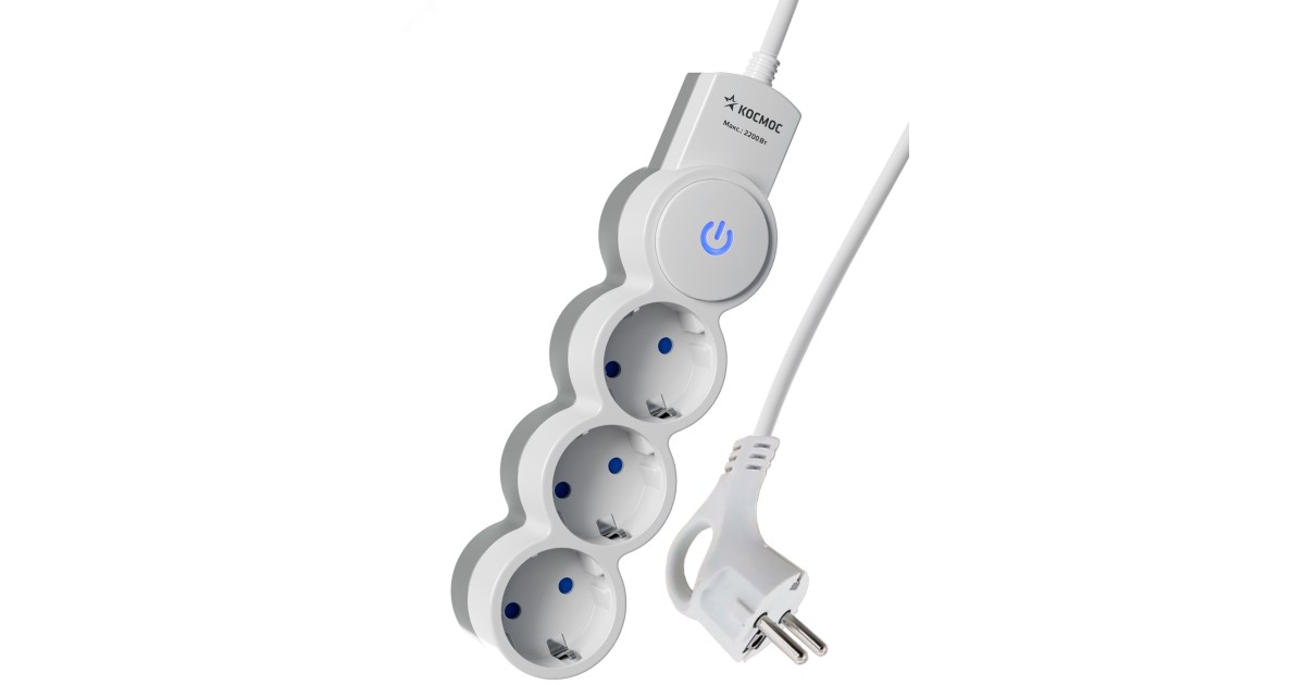 Купить Удлинитель 3х5м ПВС 3х0.75 с защ. шторк. с заземл. IP20 с выкл. 220В 10А 2200Вт бел. YKsm5m-3g-Z-V10A-W Космос оптом в Москве