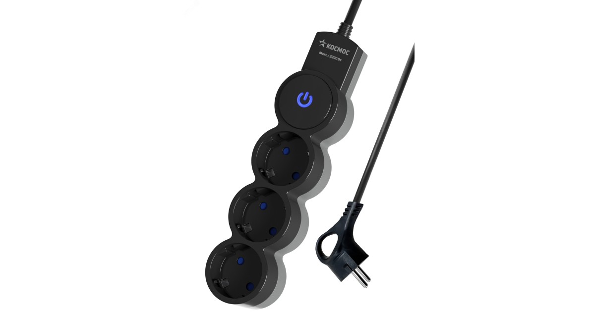 Купить Удлинитель 3х5м ПВС 3х0.75 с защ. шторк. с заземл. IP20 с выкл. 220В 10А 2200Вт черн. YKsm5m-3g-Z-V10A-B Космос оптом в Москве