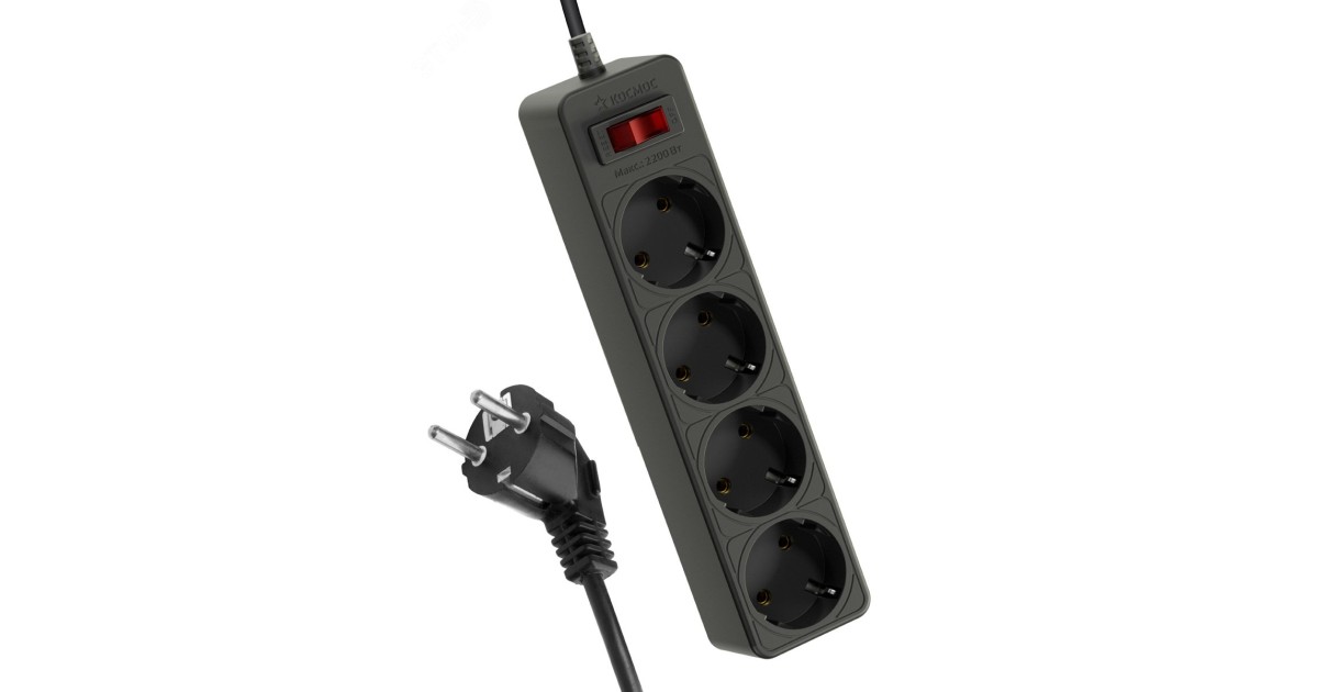 Купить Удлинитель с сетевым фильтром 4х1.5м с заземл. 10А IP20 2.2кВт 3х0.75 с предохранителем с выкл. с индикатором сети FKsm1.5m-4g(B) Космос оптом в Москве