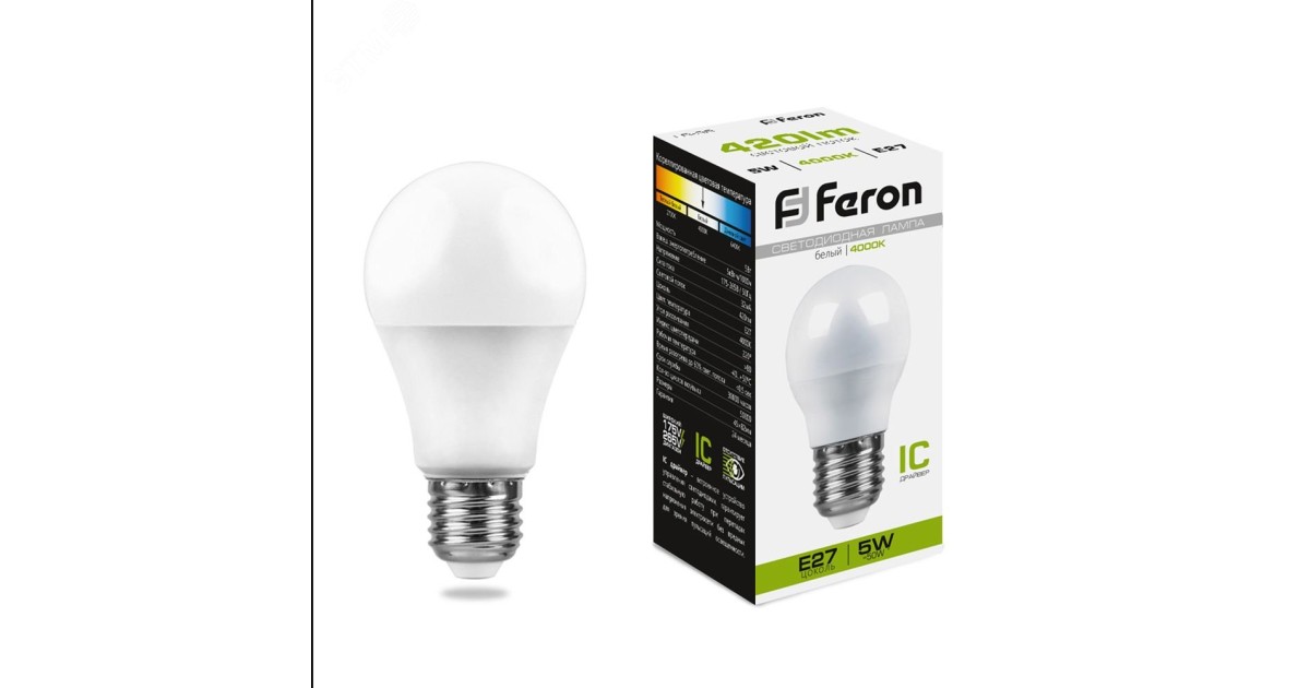 Купить Лампа светодиодная LED 5вт Е27 белый шар 25405 Feron оптом в Москве
