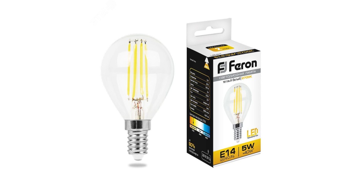 Купить Лампа светодиодная LED 5вт Е14 теплый шар FILAMENT 25578 Feron оптом в Москве